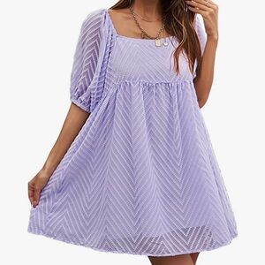 Square Neckline Textured Puff Sleeve Chiffon A-Line Mini Dress